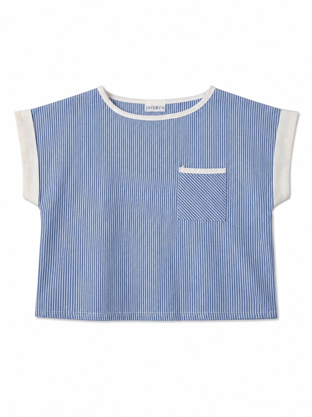 Vintage 80s Peddlers Blue White Pinstripe Boxy Pocket Blouse Crop Top Small